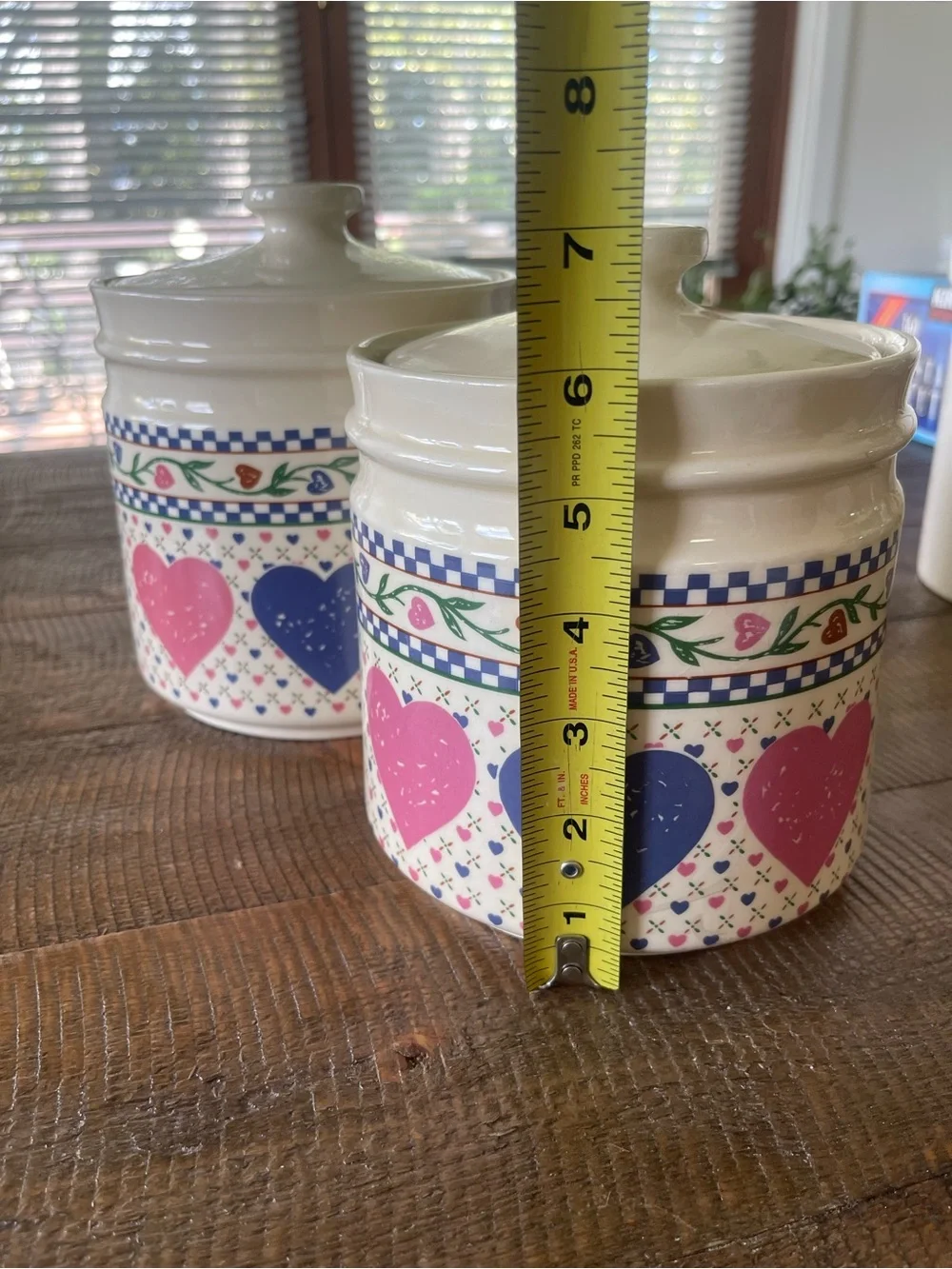 Heath Ceramics Cream Canisters with Blue and Pink Heart Motif
